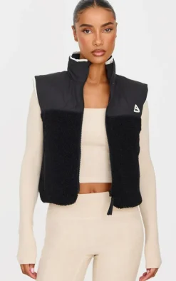 Black Contrast Borg Crop Puffer Vest
