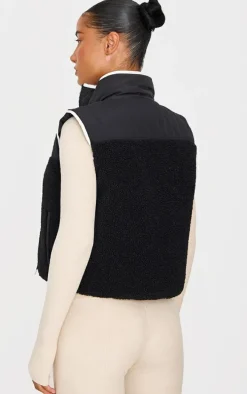 Black Contrast Borg Crop Puffer Vest