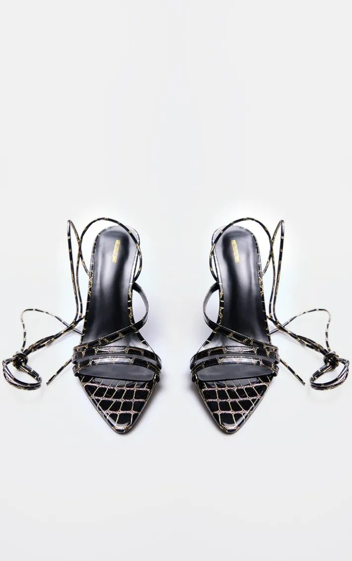Black Contrast Croc Pu Point Toe Lace Up Heeled Sandals