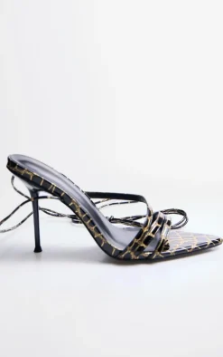 Black Contrast Croc Pu Point Toe Lace Up Heeled Sandals