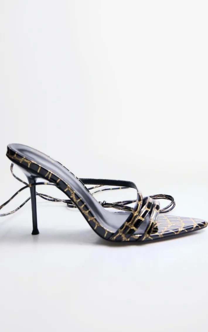 Black Contrast Croc Pu Point Toe Lace Up Heeled Sandals