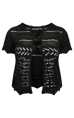 Black Contrast Crochet Knit Cap Sleeve Button Front Top