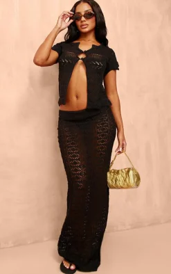 Black Contrast Crochet Knit Maxi Skirt