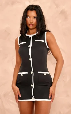 Black Contrast Detailed Pearl Button Woven Romper