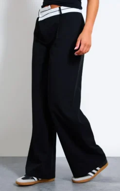 Black Contrast Double Waistband Tailored Straight Leg Pants