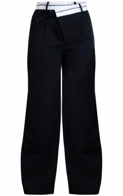 Black Contrast Double Waistband Tailored Straight Leg Pants