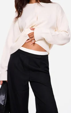 Black Contrast Double Waistband Detail Tailored Pants