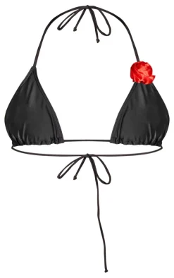 Black Contrast Flower Trim Triangle Bikini Top