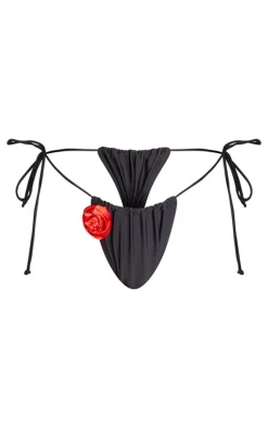 Black Contrast Flower Trim Tie Side Bikini Bottoms
