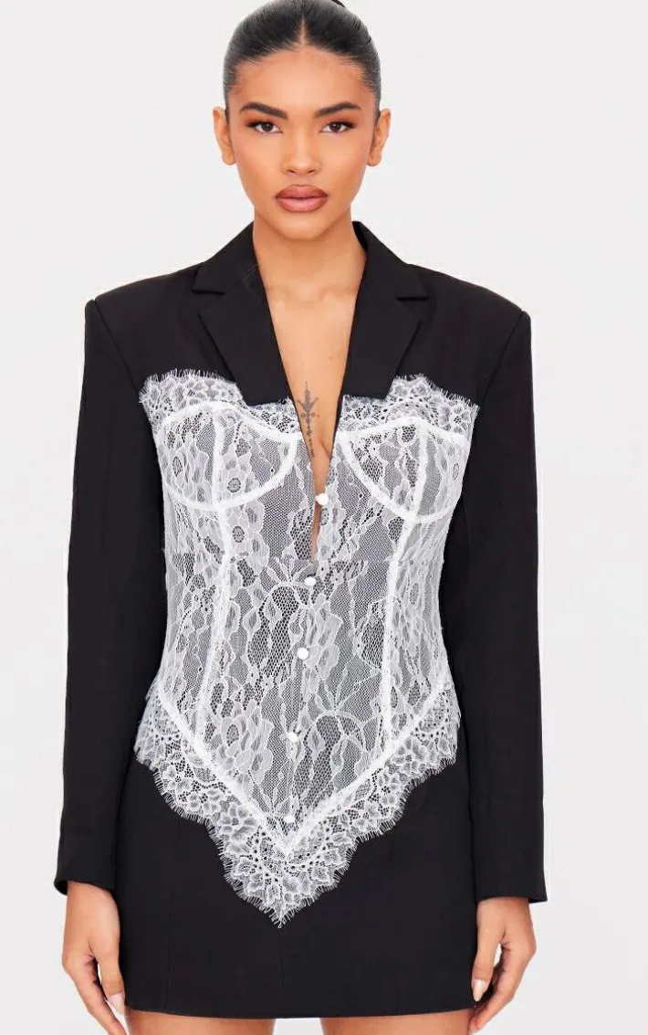 Black Contrast Lace Corset Blazer Dress