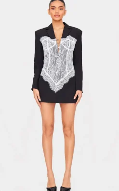 Black Contrast Lace Corset Blazer Dress