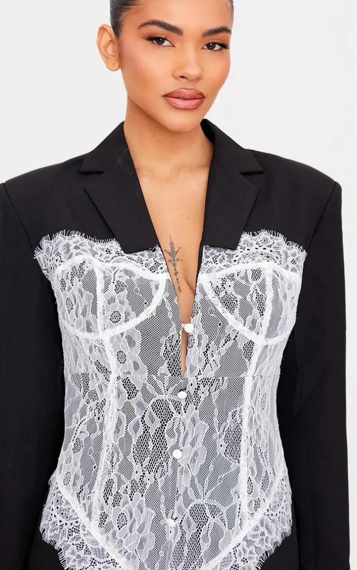 Black Contrast Lace Corset Blazer Dress