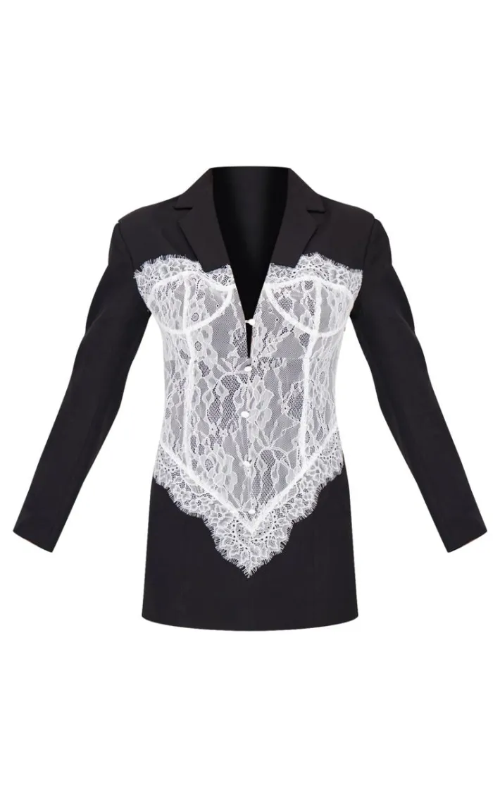 Black Contrast Lace Corset Blazer Dress