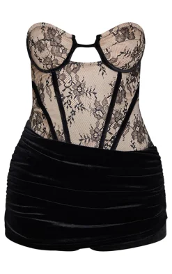 Black Contrast Lace Velvet Wrap Detail Skort Romper