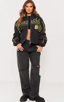 Black Contrast Oversized Graphic Zip Up Racer Bomber
