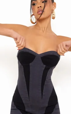 Black Contrast Panel Detail Denim Jumpsuit