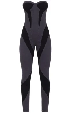 Black Contrast Panel Detail Denim Jumpsuit