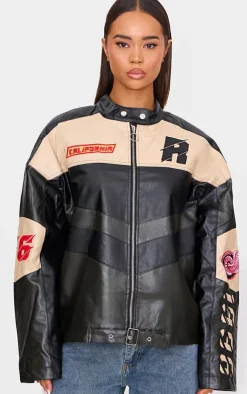 Black Contrast Panel Oversized Faux Leather Motocross Jacket