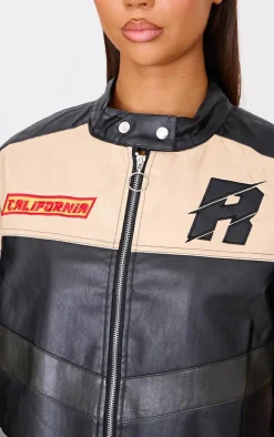 Black Contrast Panel Oversized Faux Leather Motocross Jacket