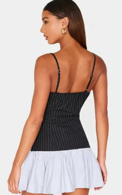 Black Contrast Pinstripe Frill Hem Shift Dress