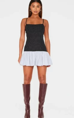 Black Contrast Pinstripe Frill Hem Shift Dress
