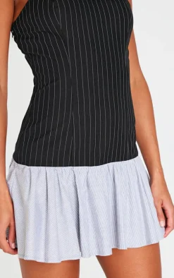 Black Contrast Pinstripe Frill Hem Shift Dress