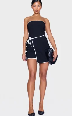 Black Contrast Piping Bandeau Wrap Over Mini Dress