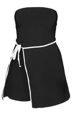 Black Contrast Piping Bandeau Wrap Over Mini Dress