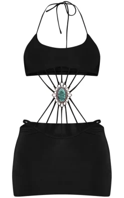 Black Contrast Rhinestone Cut Out Mini Beach Dress