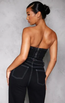 Black Contrast Seam Detail Denim Corset Top