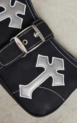 Black Contrast Stitch Cross Applique Buckle Shoulder Bag