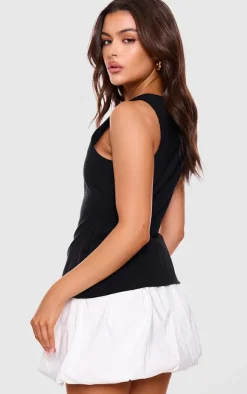 Black Contrast Tailored Puffball Shift Dress