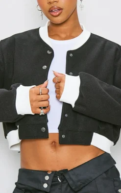 Black Contrast Trim Wool Look Bomber Jacket