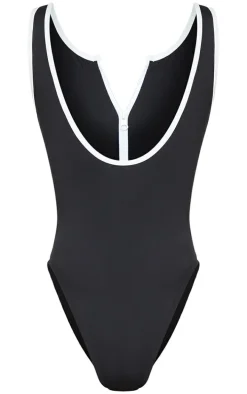 Black Contrast Zip Front Scuba Swimsuit