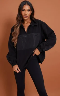 Black Contrast Zip Pocket Front Fleece Jacket