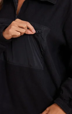 Black Contrast Zip Pocket Front Fleece Jacket