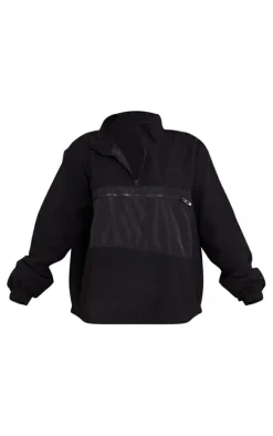 Black Contrast Zip Pocket Front Fleece Jacket