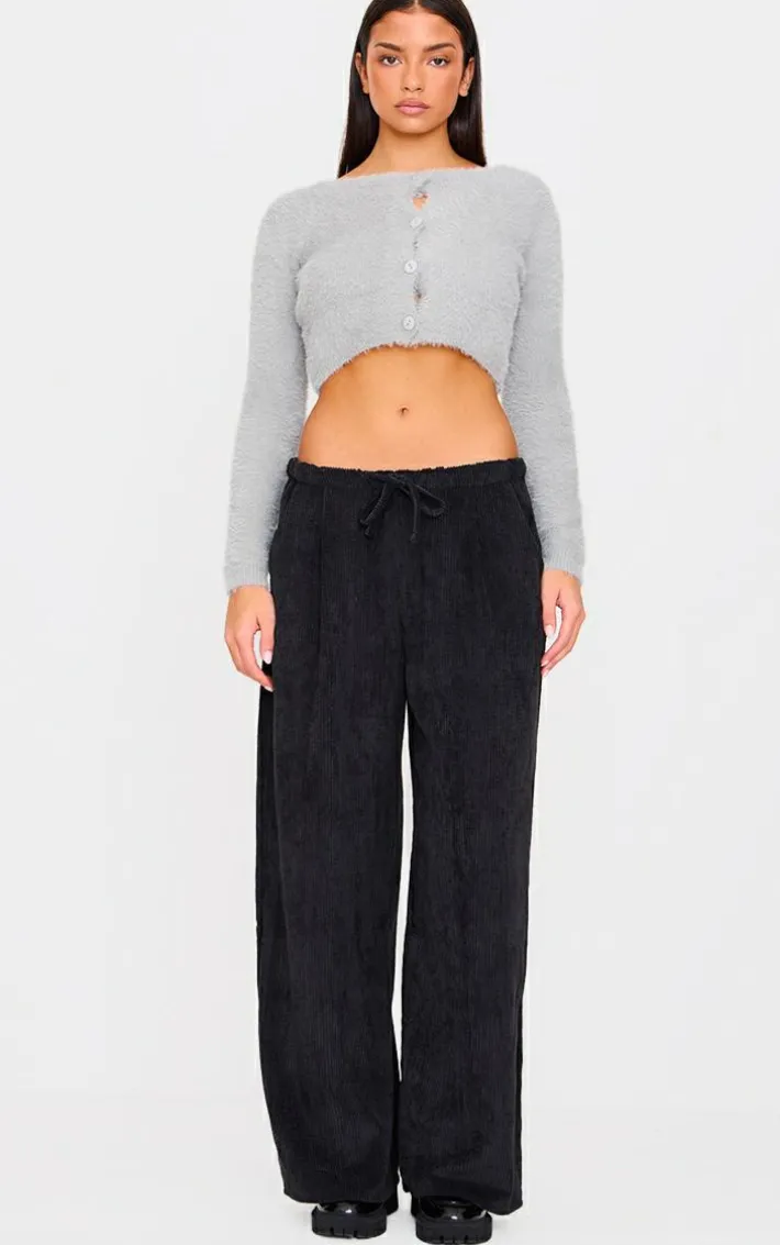Black Cord Low Rise Drawstring Wide Leg Pants