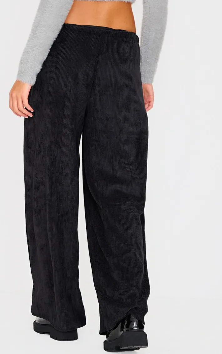 Black Cord Low Rise Drawstring Wide Leg Pants