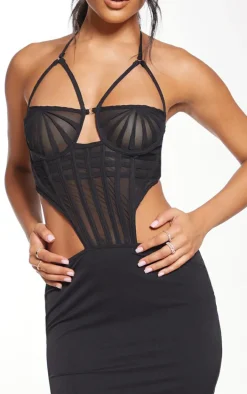 Black Corset Detail Halterneck Bodycon Dress