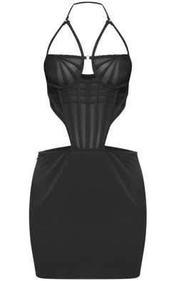 Black Corset Detail Halterneck Bodycon Dress
