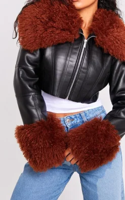 Black Corset Panelled Faux Mongolian Fur Trim Faux Leather Jacket