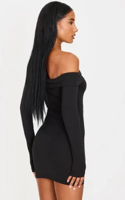 Black Cotton Bardot Fold Over Mini Dress