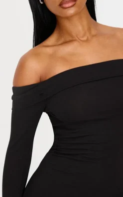 Black Cotton Bardot Fold Over Mini Dress