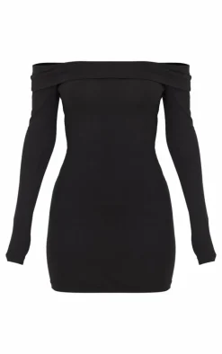 Black Cotton Bardot Fold Over Mini Dress