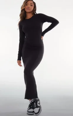 Black Cotton Contrast Seam Long Sleeve Maxi Dress