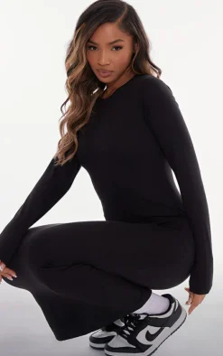 Black Cotton Contrast Seam Long Sleeve Maxi Dress