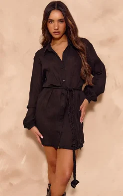Black Cotton Crepe Tie Waist Shirt Dress