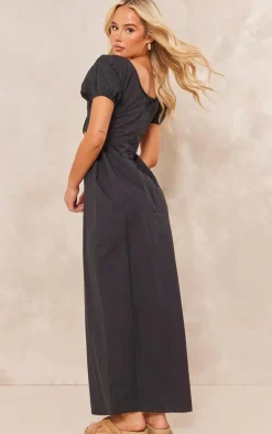 Black Cotton Cut Out Front Midaxi Dress