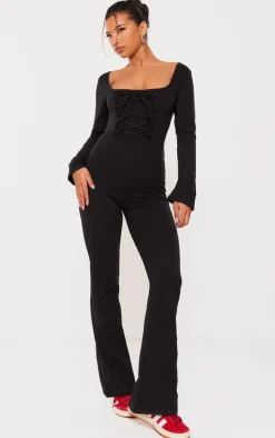 Black Cotton Detail Flare Leg Jumpsuit